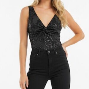 Express Black Shimmer Ruched Animal Print Low cut V-Neck Tank Top M